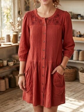 Anthropologie Deep Rust Red Cotton Dress